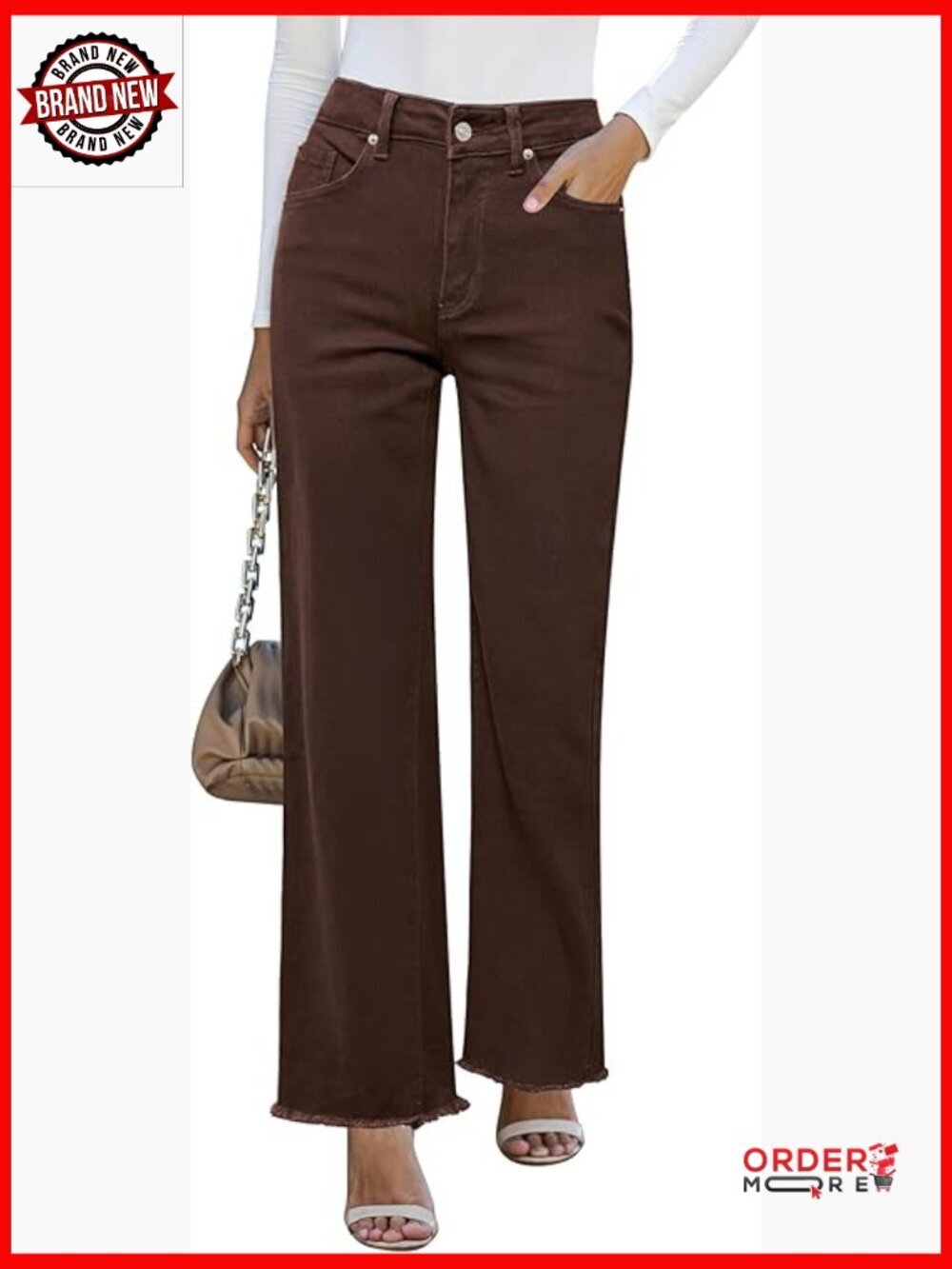 High Waisted Straight Leg Jeans Frayed Raw Hem Stretchy Denim Pants